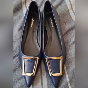 C. Paravano Flats for Women Navy Slip on Ballet Trapezoid Buckle 9.5